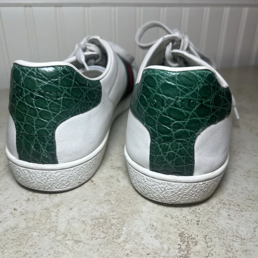 Authentic Gucci Ace Leather Sneakers Green Croc Trim Classic Web Striped Size 40